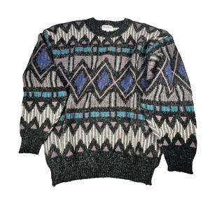 Vintage 90s Santana Knit Geometric Sweater Mens L Pullover Funky Ski Grandpa